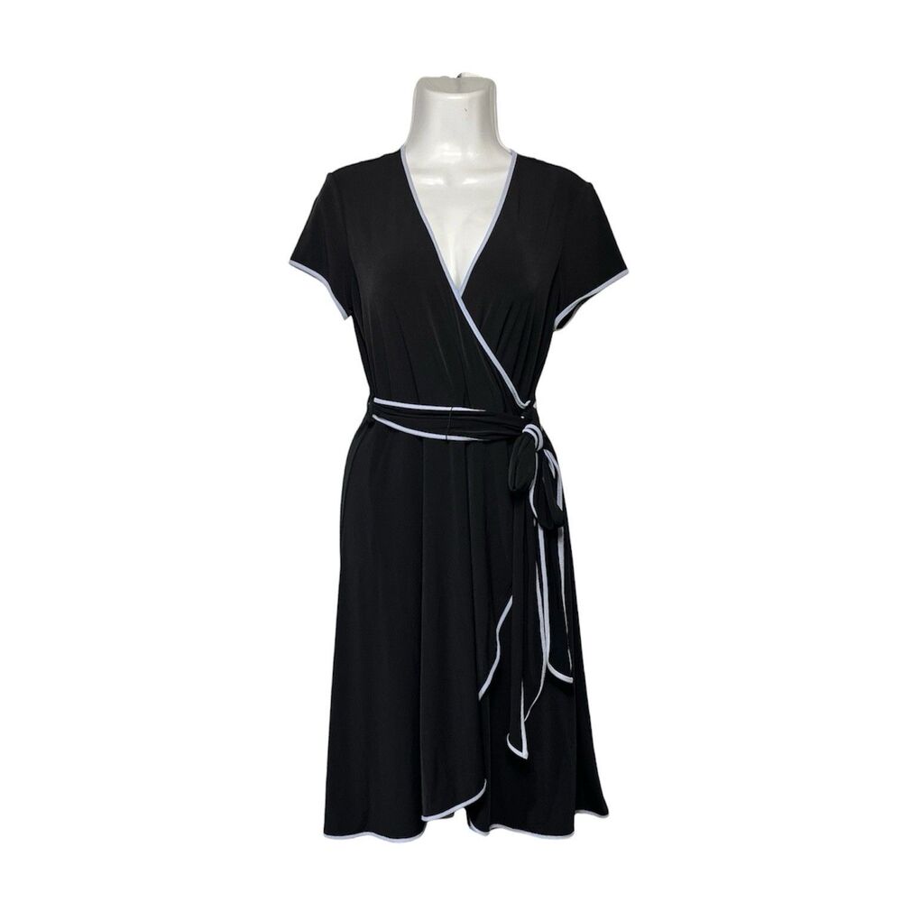 Calvin Klein Dress Black Faux Wrap Size 8 White Trim Short Sleeve Office Party